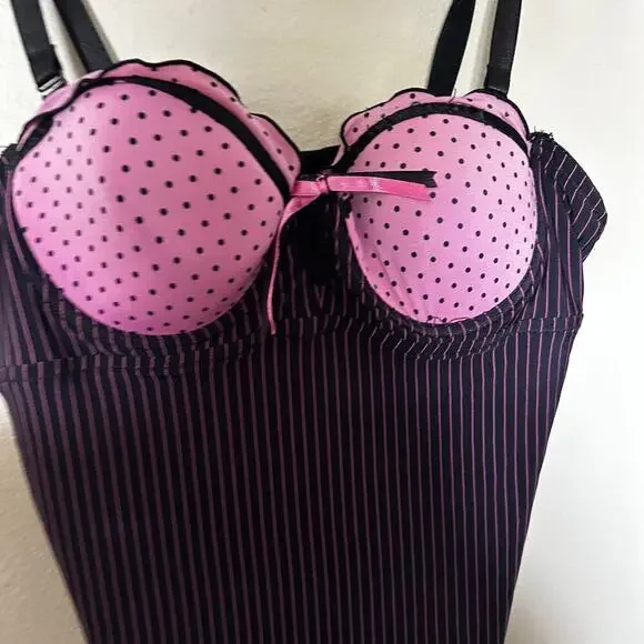 Y2k pink and black pinstripe coquette baby doll 35b - Picture 2 of 6